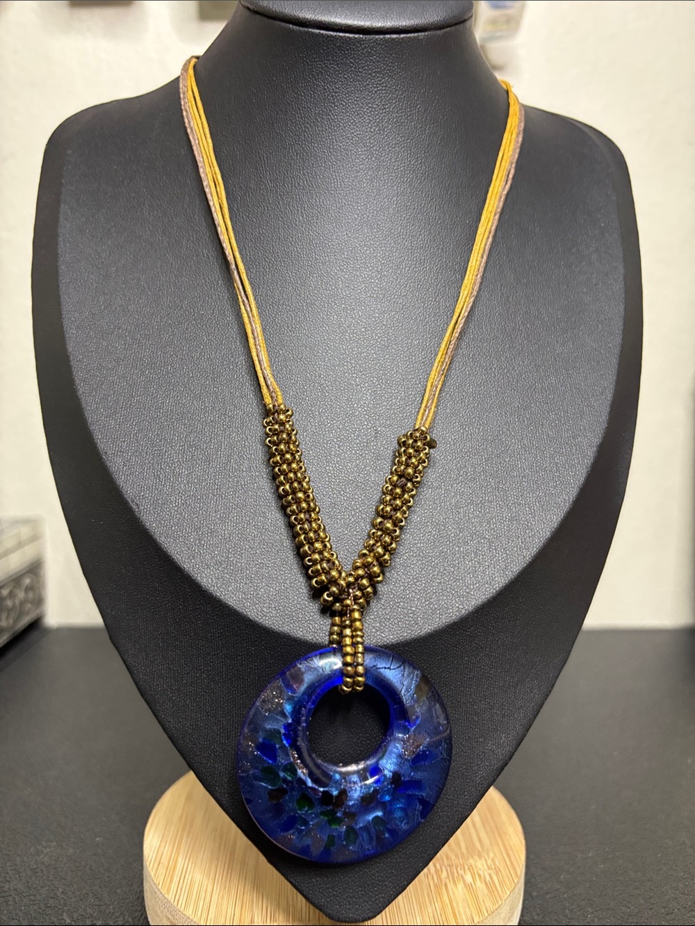 Blue Dichroic Glass Donut Pendant Necklace with Gold Bead Strand